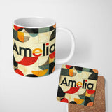 Personalized Custom Name Abstract Mid Century Modern Geometric Blocks Seamless Pattern Name 11oz Ceramic Coffee Tea Mug White Large Handle