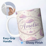 Personalized Custom Name Pastel Night Sky with Moon Clouds and Stars Seamless Pattern Lovely 11oz Ceramic Coffee Tea Mug White Large Handle