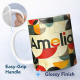 Personalized Custom Name Abstract Mid Century Modern Geometric Blocks Seamless Pattern Name 11oz Ceramic Coffee Tea Mug White Large Handle