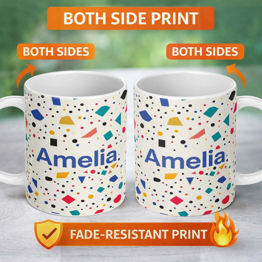 Personalized Custom Name Abstract Minimal Scatter Shapes Confetti Seamless Pattern Custom 11oz Ceramic Coffee Tea Mug White Large Handle