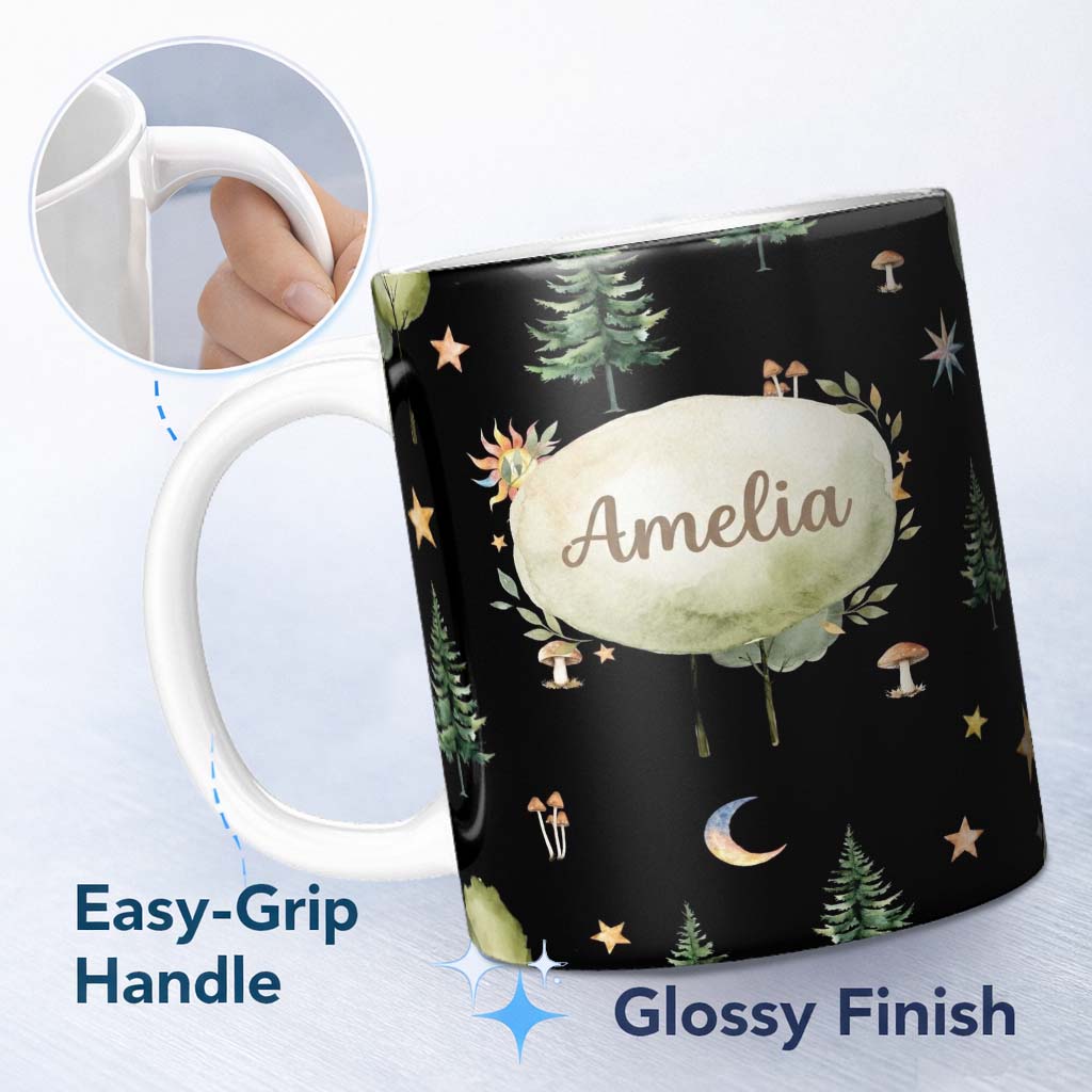 Personalized Custom Name Watercolour Forest Trees Mushrooms Sun Moon and Stars Woodland 11oz Ceramic Coffee Tea Mug White Large Handle