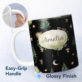 Personalized Custom Name Watercolour Forest Trees Mushrooms Sun Moon and Stars Woodland 11oz Ceramic Coffee Tea Mug White Large Handle