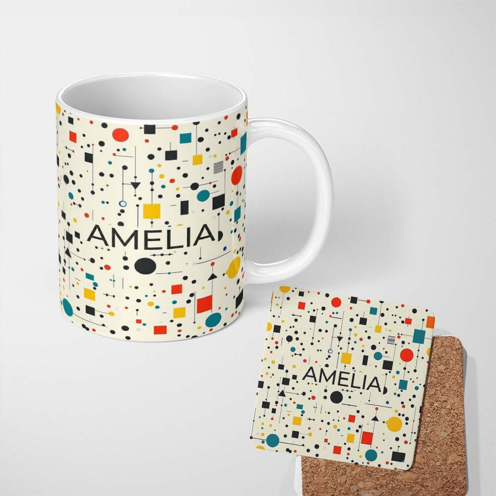 Personalized Custom Name Abstract Modern Bauhaus Style Lines Dots Seamless Pattern Custom 11oz Ceramic Coffee Tea Mug White Large Handle