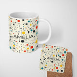 Personalized Custom Name Abstract Modern Bauhaus Style Lines Dots Seamless Pattern Custom 11oz Ceramic Coffee Tea Mug White Large Handle