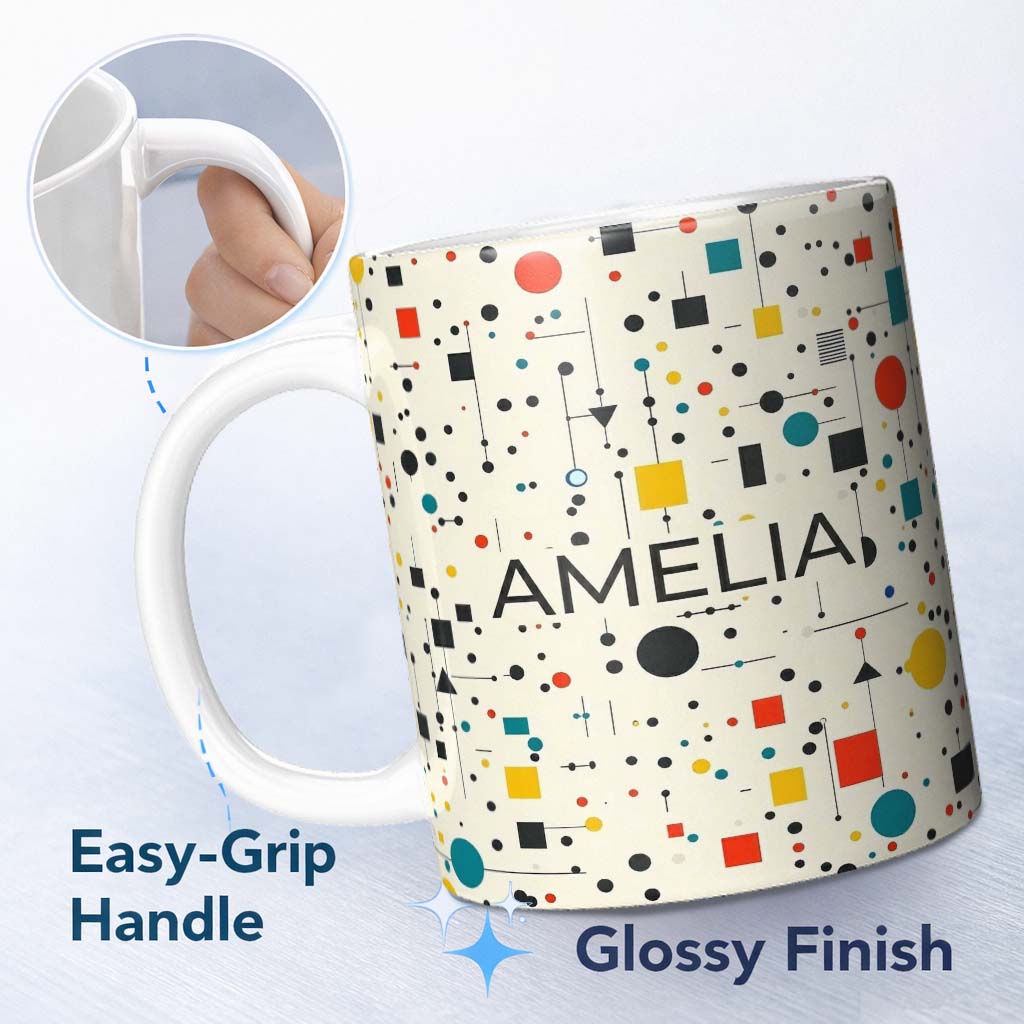 Personalized Custom Name Abstract Modern Bauhaus Style Lines Dots Seamless Pattern Custom 11oz Ceramic Coffee Tea Mug White Large Handle
