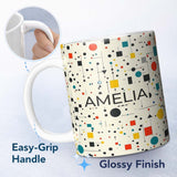 Personalized Custom Name Abstract Modern Bauhaus Style Lines Dots Seamless Pattern Custom 11oz Ceramic Coffee Tea Mug White Large Handle