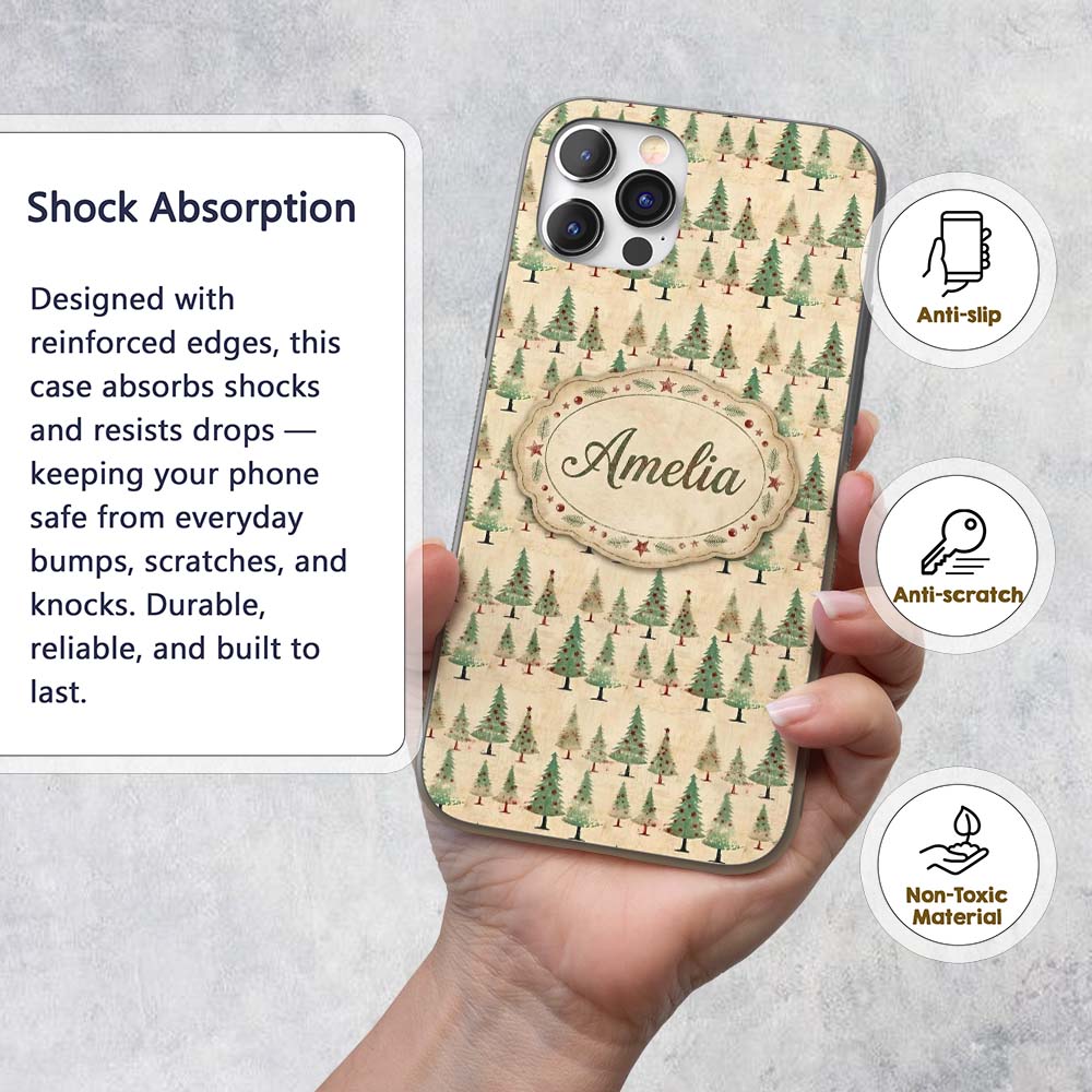 Vintage Christmas Tree Rustic Beige Seamless Custom Name Protective Phone Case Mobile Cover Durable Everyday Smartphone Shock Resistant