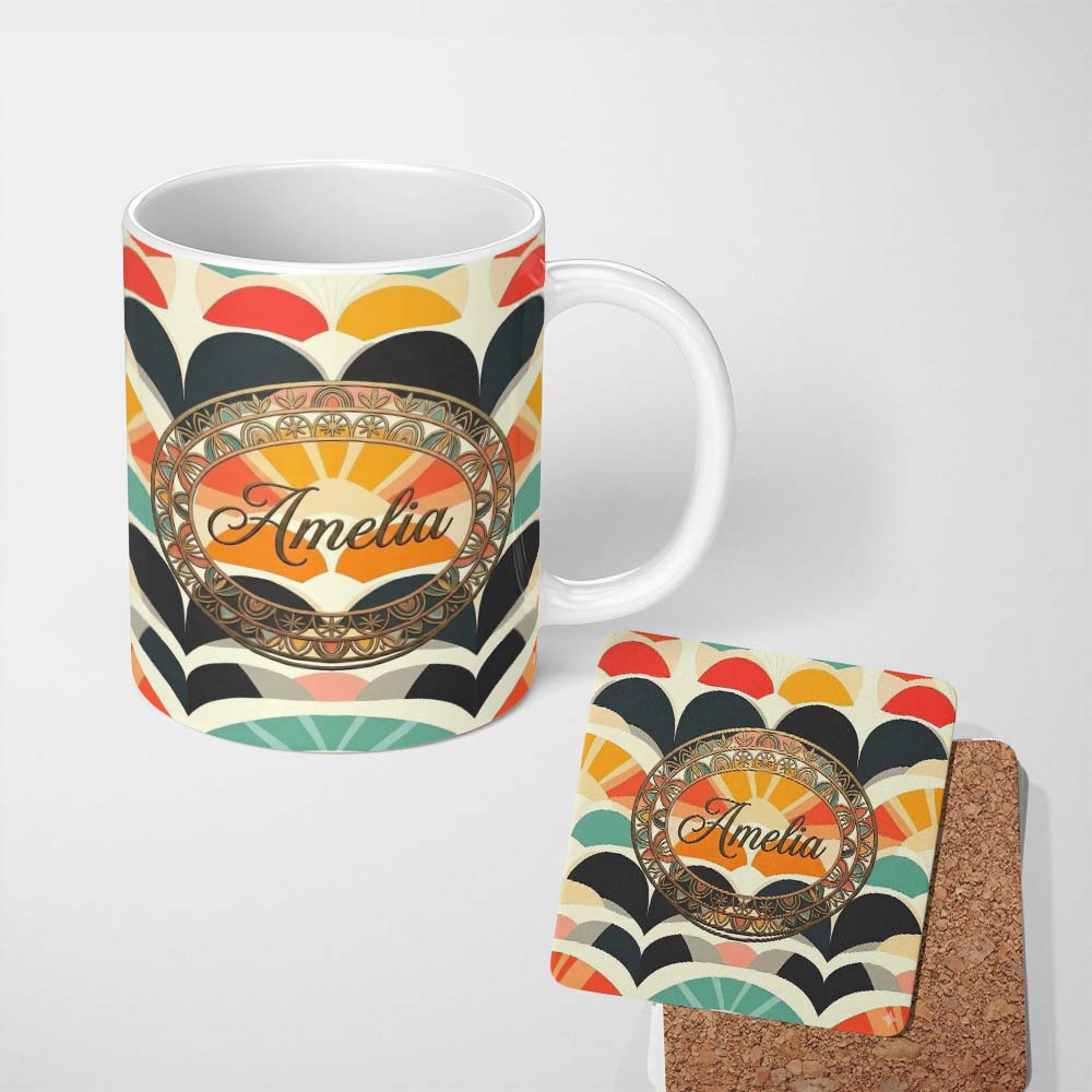 Personalized Custom Name Abstract Art Deco Fan Waves Colorful Seamless Pattern Name Cute 11oz Ceramic Coffee Tea Mug White Large Handle