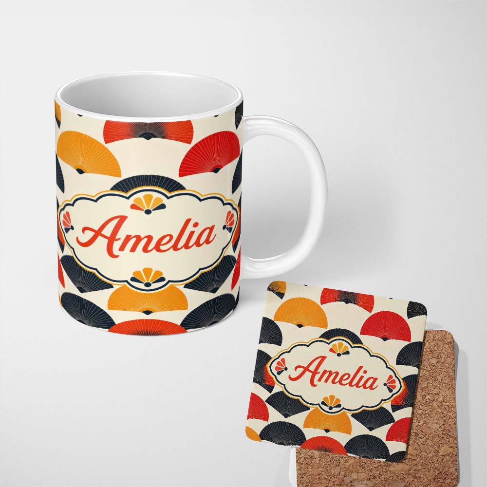 Personalized Custom Name Abstract Japanese Folding Fan Minimal Seamless Pattern Name Cute 11oz Ceramic Coffee Tea Mug White Large Handle