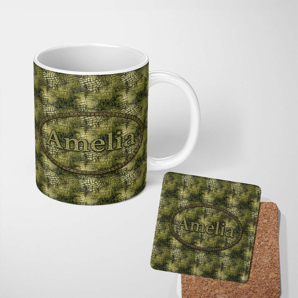 Personalized Custom Name Rustic Mixed Tone Crocodile Texture Pattern Vintage Effect Design 11oz Ceramic Coffee Tea Mug White Large Handle
