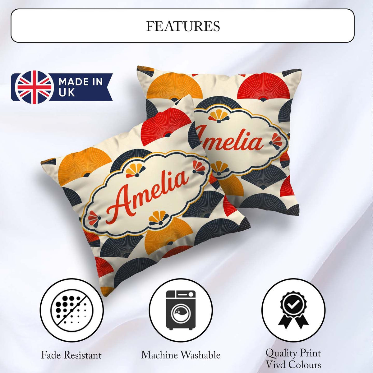 Custom Name Abstract Japanese Folding Fan Minimal Seamless Name Square Filled Cushion Throw Pillow Sofa Bed Home Decor Zip Washable UK Made