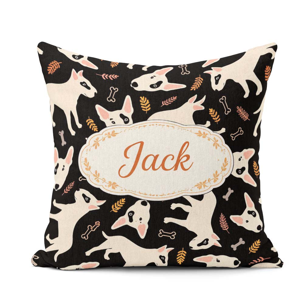 Custom Name Bull Terrier Dogs Background Leaves Seamless Pattern Square Filled Cushion Throw Pillow Sofa Bed Home Decor Zip Washable UK Made