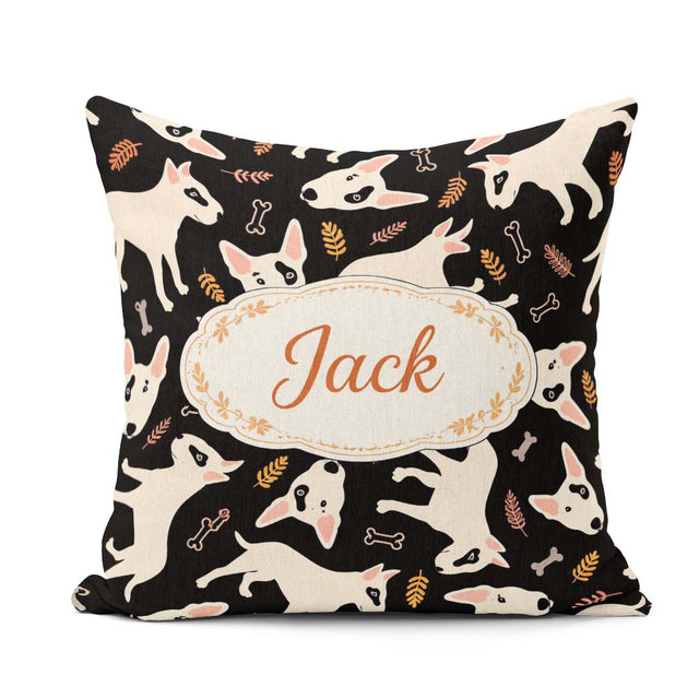 Custom Name Bull Terrier Dogs Background Leaves Seamless Pattern Square Filled Cushion Throw Pillow Sofa Bed Home Decor Zip Washable UK Made