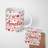 Personalized Custom Name Colorful Christmas Baubles Garland Ornament Seamless Pattern Lovely 11oz Ceramic Coffee Tea Mug White Large Handle