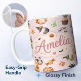 Personalized Custom Name Cute Halloween Donuts Cupcakes Bats and Candy Soft Pink Background 11oz Ceramic Coffee Tea Mug White Large Handle