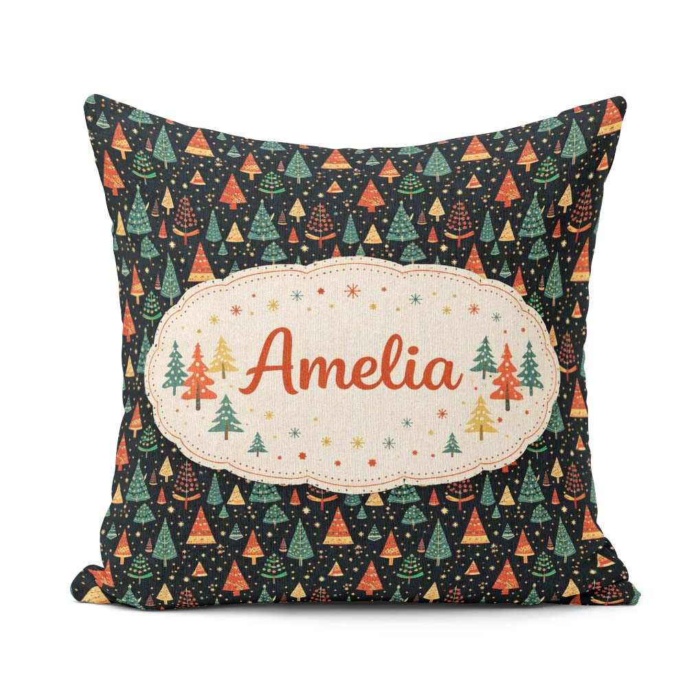 Custom Name Christmas Tree Scandinavian Dark Background Seamless Square Filled Cushion Throw Pillow Sofa Bed Home Decor Zip Washable UK Made