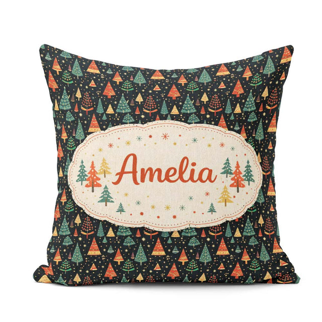 Custom Name Christmas Tree Scandinavian Dark Background Seamless Square Filled Cushion Throw Pillow Sofa Bed Home Decor Zip Washable UK Made