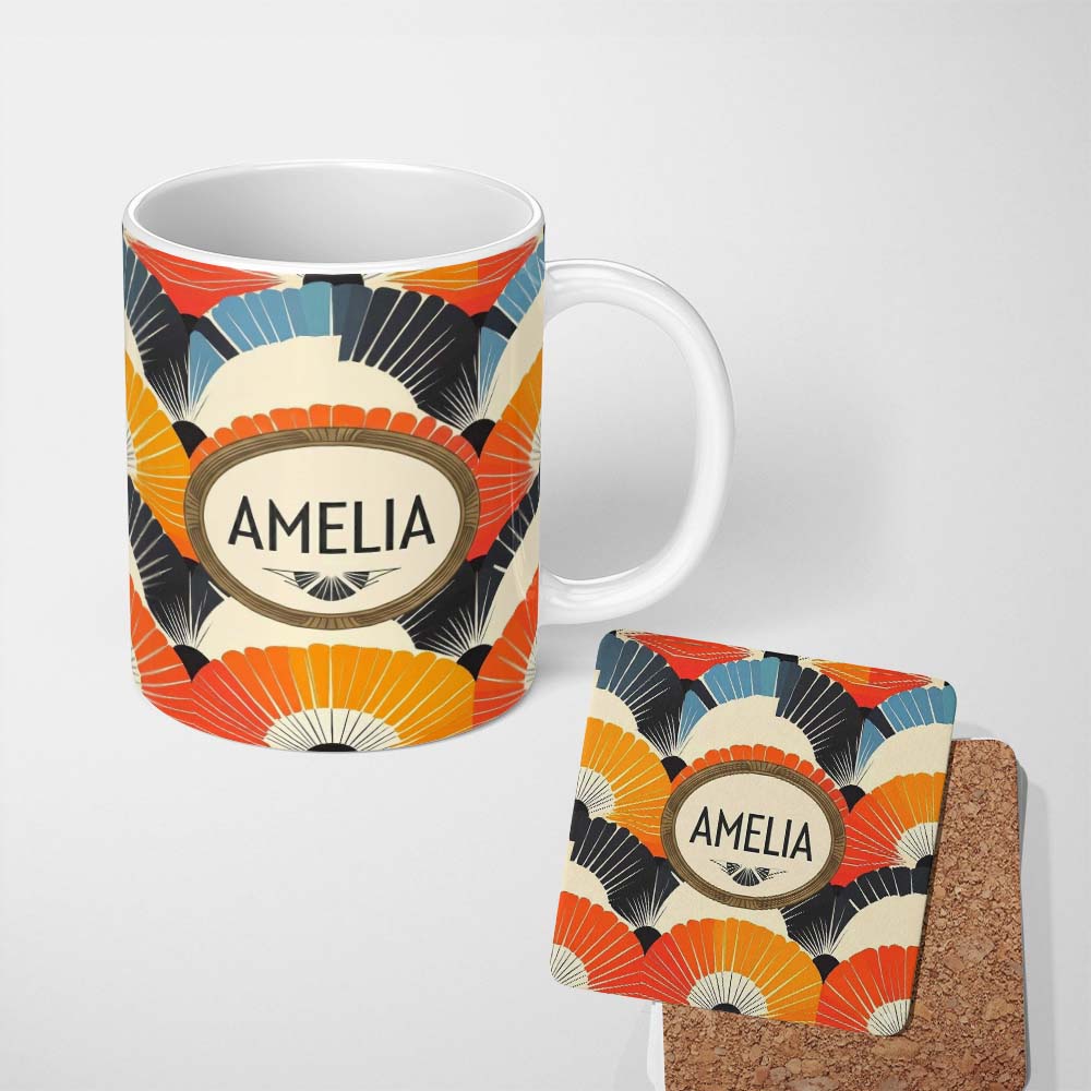 Personalized Custom Name Abstract Bold Fan Burst Layers Seamless Pattern Name Cute Unique 11oz Ceramic Coffee Tea Mug White Large Handle