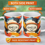 Personalized Custom Name Abstract Bold Fan Burst Layers Seamless Pattern Name Cute Unique 11oz Ceramic Coffee Tea Mug White Large Handle