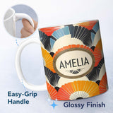 Personalized Custom Name Abstract Bold Fan Burst Layers Seamless Pattern Name Cute Unique 11oz Ceramic Coffee Tea Mug White Large Handle