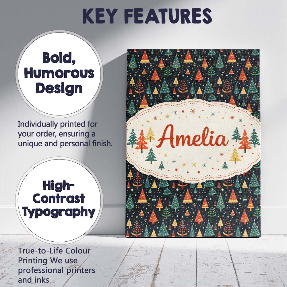 Personalised Name Christmas Tree Scandinavian Dark Background Custom Contemporary Display Canvas Wall Art Print Decor Picture Ready to Hang