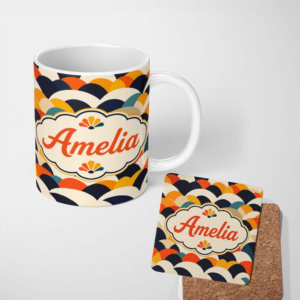 Personalized Custom Name Abstract Scallop Wave Hills Seamless Pattern Name Cute Unique Gift 11oz Ceramic Coffee Tea Mug White Large Handle