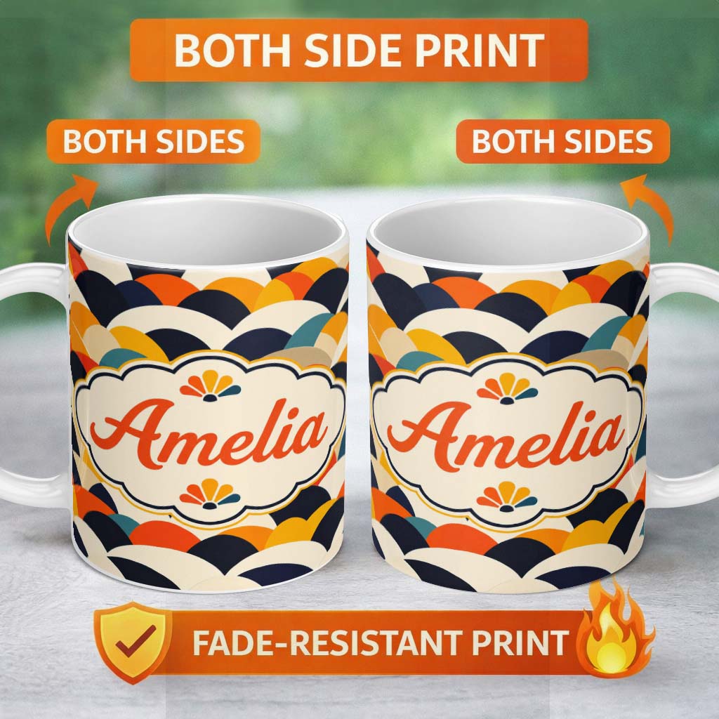 Personalized Custom Name Abstract Scallop Wave Hills Seamless Pattern Name Cute Unique Gift 11oz Ceramic Coffee Tea Mug White Large Handle