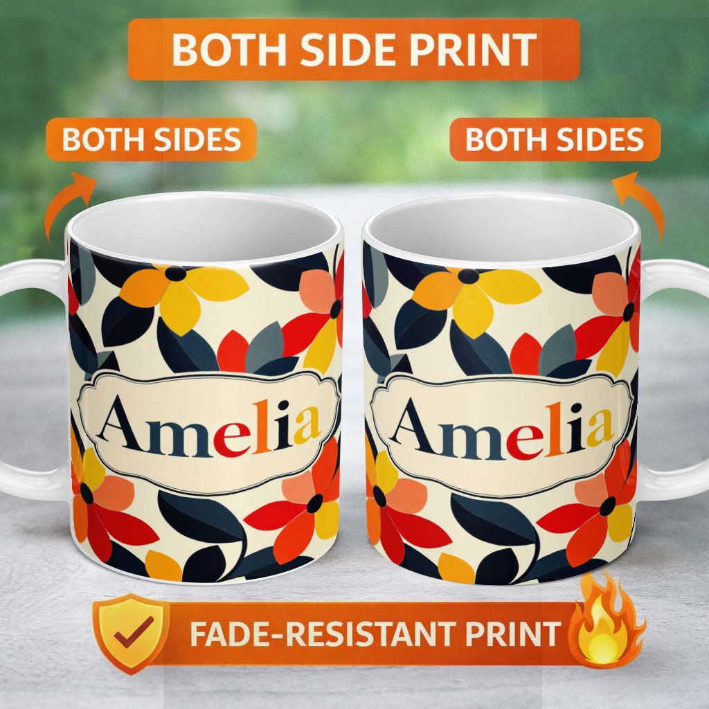 Personalized Custom Name Abstract Floral Petal Leaves Modern Seamless Pattern Name Cute 11oz Ceramic Coffee Tea Mug White Large Handle