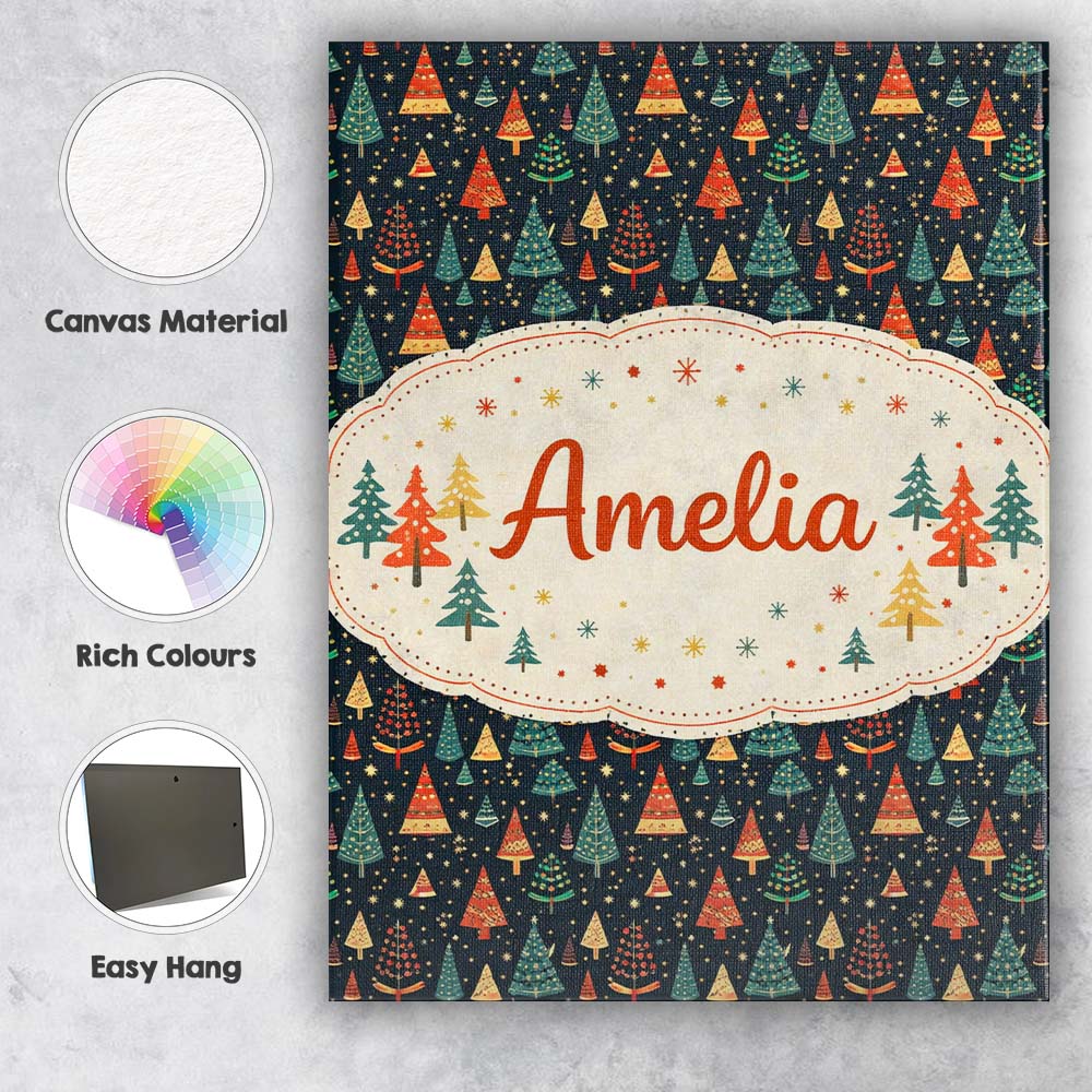 Personalised Name Christmas Tree Scandinavian Dark Background Custom Contemporary Display Canvas Wall Art Print Decor Picture Ready to Hang