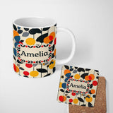 Personalized Custom Name Abstract Modern Floral Leaves and Berries Seamless Pattern Name Cute 11oz Ceramic Coffee Tea Mug White Large Handle