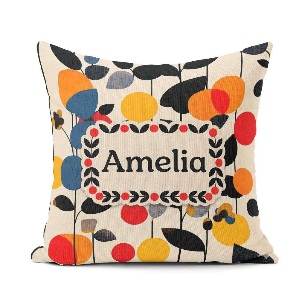 Custom Name Abstract Modern Floral Leaves and Seamless Name Cute Square Filled Cushion Throw Pillow Sofa Bed Home Decor Zip Washable UK Made