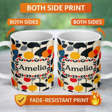Personalized Custom Name Abstract Modern Floral Leaves and Berries Seamless Pattern Name Cute 11oz Ceramic Coffee Tea Mug White Large Handle