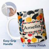 Personalized Custom Name Abstract Modern Floral Leaves and Berries Seamless Pattern Name Cute 11oz Ceramic Coffee Tea Mug White Large Handle