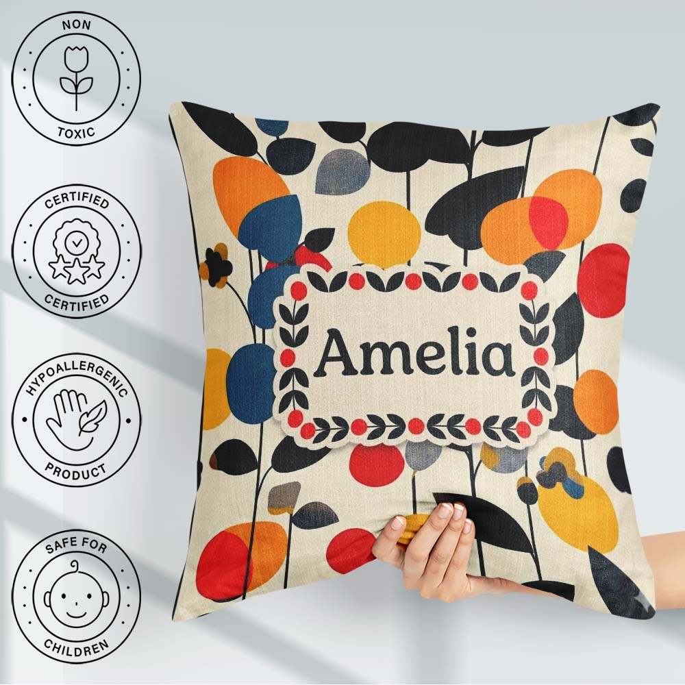 Custom Name Abstract Modern Floral Leaves and Seamless Name Cute Square Filled Cushion Throw Pillow Sofa Bed Home Decor Zip Washable UK Made