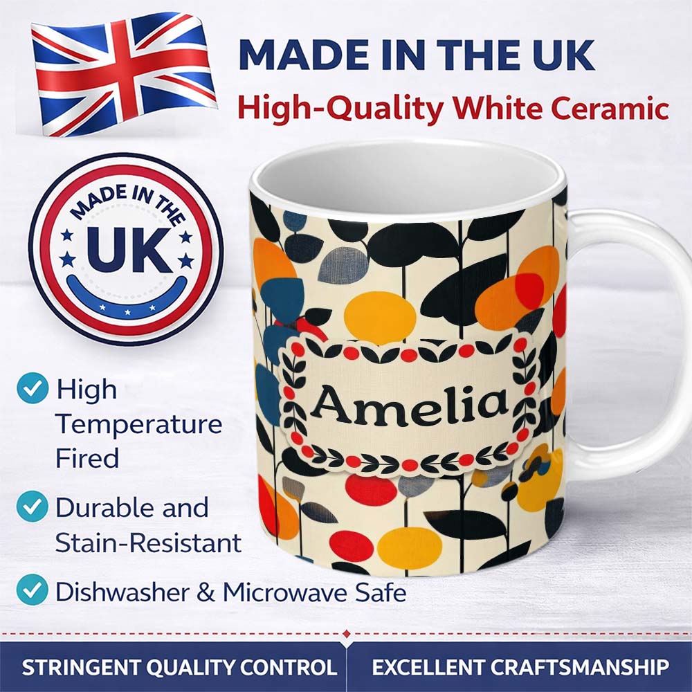 Personalized Custom Name Abstract Modern Floral Leaves and Berries Seamless Pattern Name Cute 11oz Ceramic Coffee Tea Mug White Large Handle
