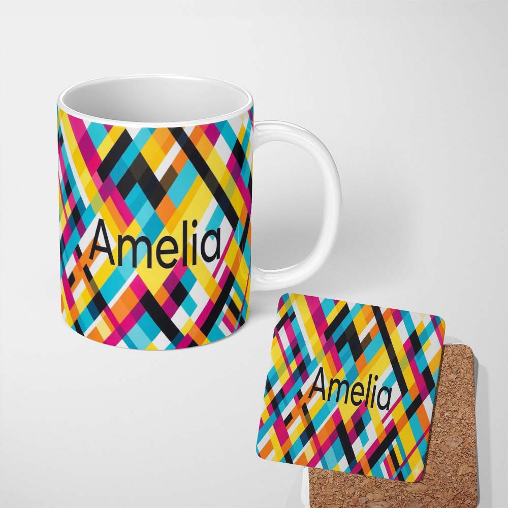 Personalized Custom Name Abstract Colorful Geometric Plaid Overlay Seamless Pattern Name Cute 11oz Ceramic Coffee Tea Mug White Large Handle