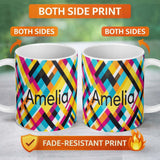 Personalized Custom Name Abstract Colorful Geometric Plaid Overlay Seamless Pattern Name Cute 11oz Ceramic Coffee Tea Mug White Large Handle