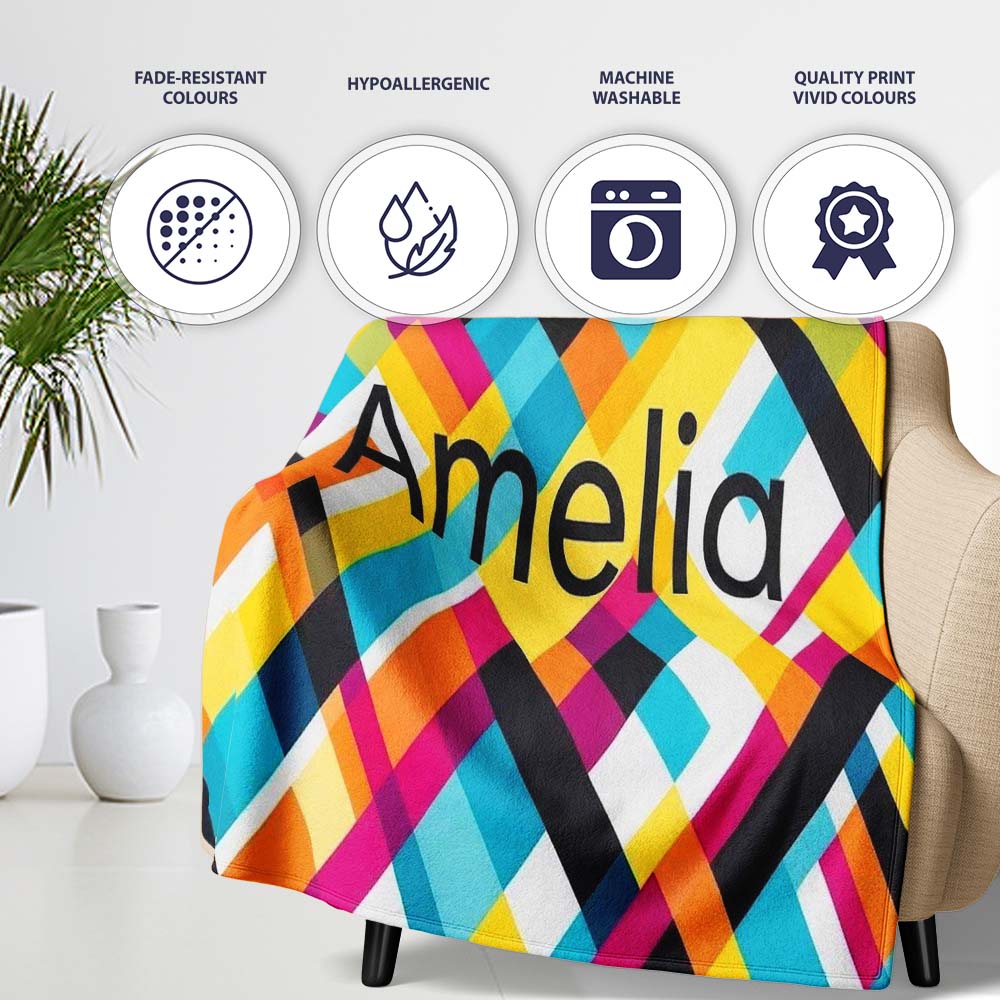 Abstract Colorful Geometric Plaid Overlay Seamless Pattern Name Cute  Personalised Custom Name Super Soft Fleece Blanket Bed Sofa Throw