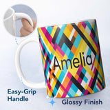 Personalized Custom Name Abstract Colorful Geometric Plaid Overlay Seamless Pattern Name Cute 11oz Ceramic Coffee Tea Mug White Large Handle