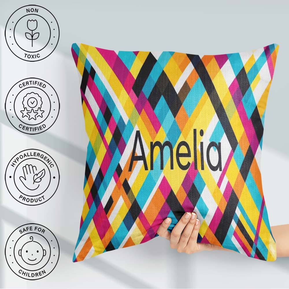 Custom Name Abstract Colorful Geometric Plaid Seamless Name Cute Square Filled Cushion Throw Pillow Sofa Bed Home Decor Zip Washable UK Made
