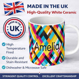 Personalized Custom Name Abstract Colorful Geometric Plaid Overlay Seamless Pattern Name Cute 11oz Ceramic Coffee Tea Mug White Large Handle