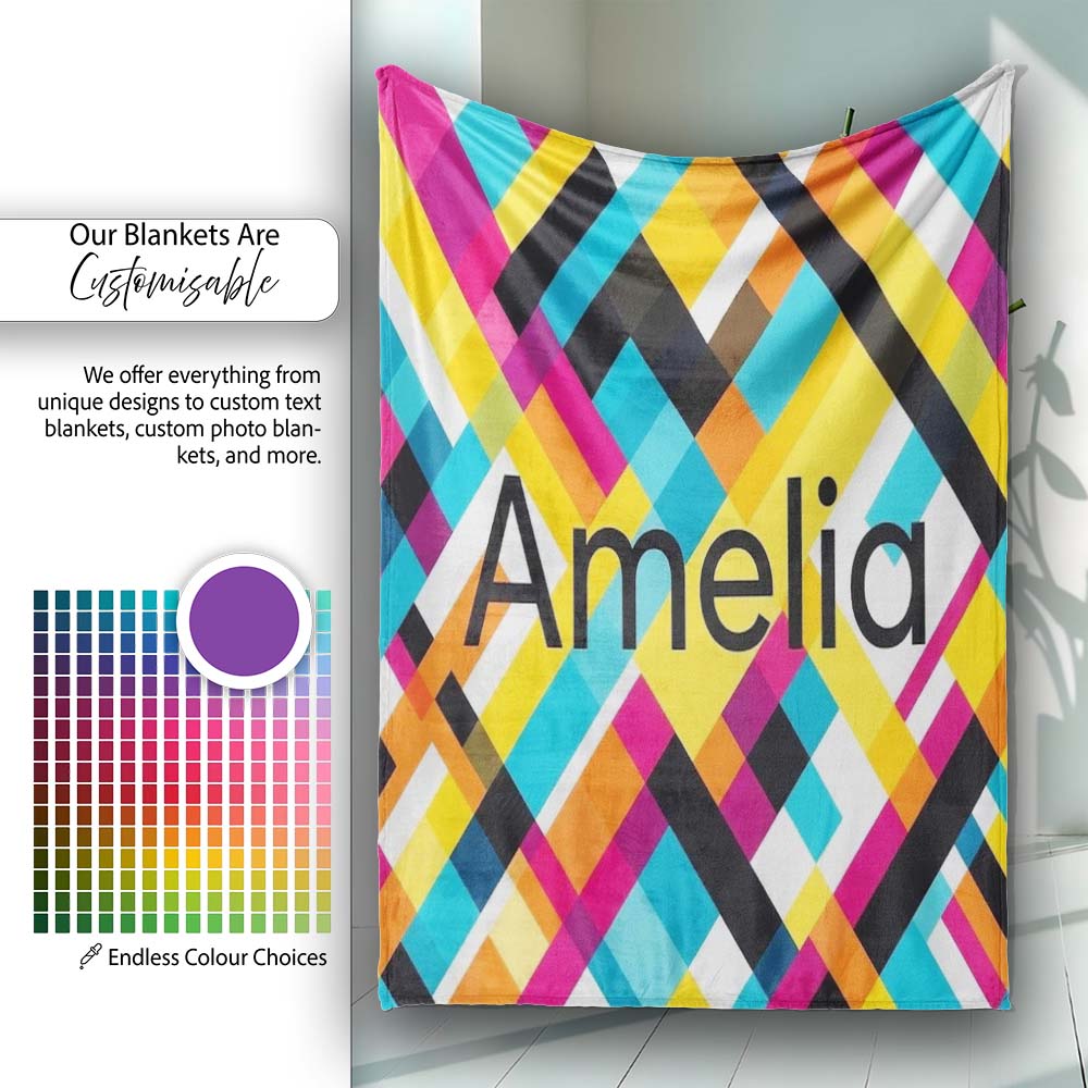 Abstract Colorful Geometric Plaid Overlay Seamless Pattern Name Cute  Personalised Custom Name Super Soft Fleece Blanket Bed Sofa Throw