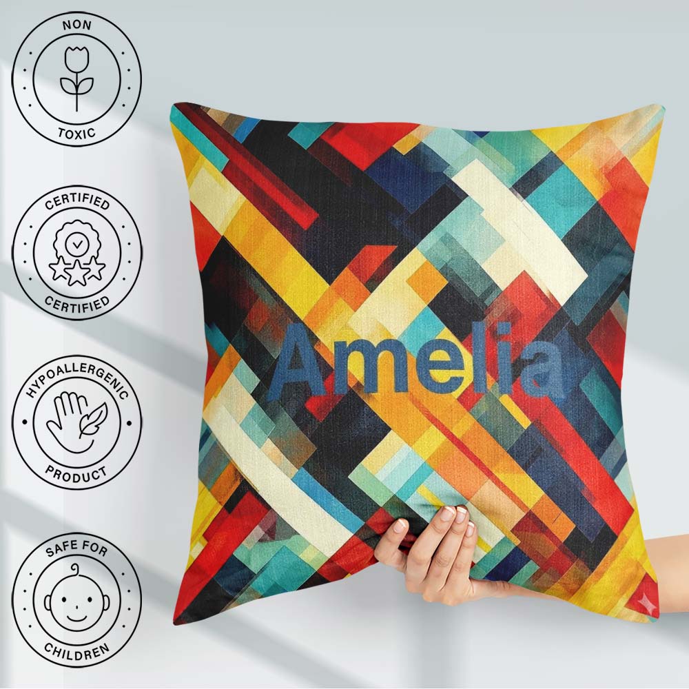 Custom Name Abstract Bold Geometric Blocks Layered Seamless Name Square Filled Cushion Throw Pillow Sofa Bed Home Decor Zip Washable UK Made
