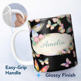 Personalized Custom Name Soft Multicolor Watercolor Butterflies Dark Background Seamless 11oz Ceramic Coffee Tea Mug White Large Handle