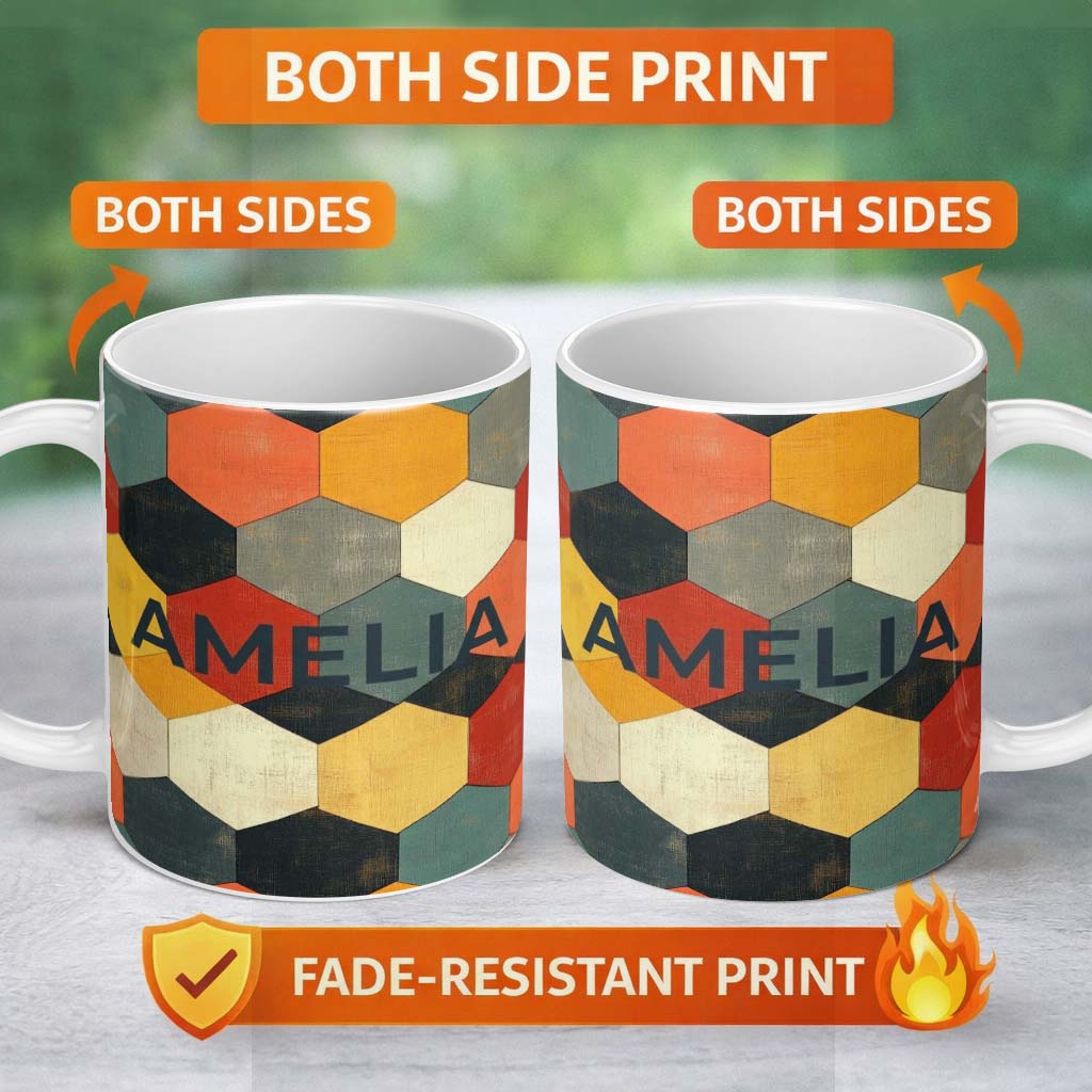 Personalized Custom Name Abstract Hexagon Texture Tiles Seamless Pattern Name Cute Unique 11oz Ceramic Coffee Tea Mug White Large Handle