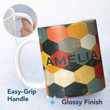 Personalized Custom Name Abstract Hexagon Texture Tiles Seamless Pattern Name Cute Unique 11oz Ceramic Coffee Tea Mug White Large Handle