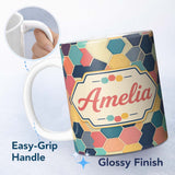 Personalized Custom Name Abstract Soft Pastel Hexagon Mosaic Seamless Pattern Name Cute 11oz Ceramic Coffee Tea Mug White Large Handle