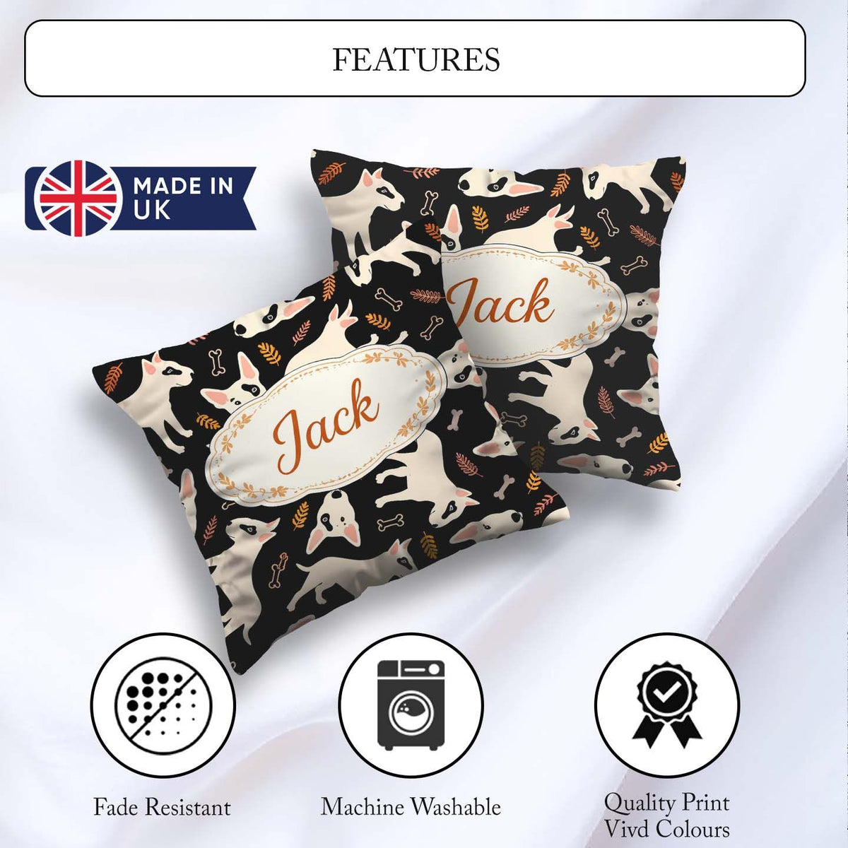 Custom Name Bull Terrier Dogs Background Leaves Seamless Pattern Square Filled Cushion Throw Pillow Sofa Bed Home Decor Zip Washable UK Made