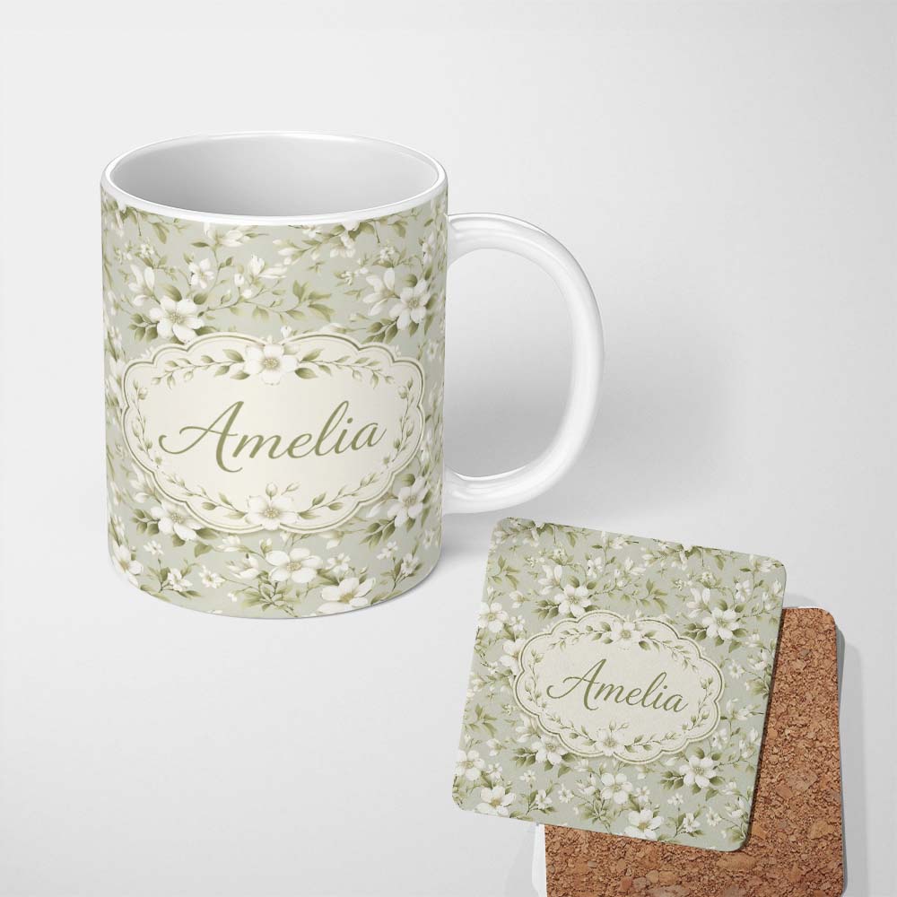 Personalized Custom Name Classic White Flower Botanical Pattern Soft Green Background Lovely 11oz Ceramic Coffee Tea Mug White Large Handle
