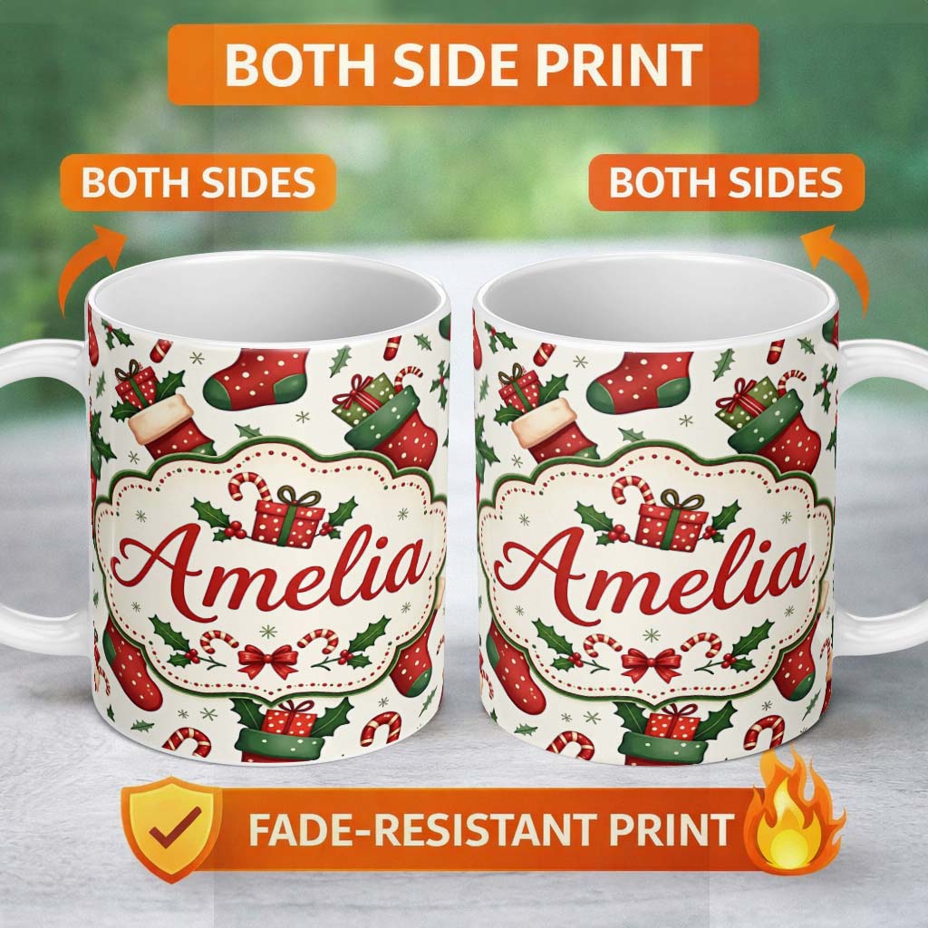 Personalized Custom Name Cute Christmas Stockings Gifts Candy Cane Holly Seamless Pattern 11oz Ceramic Coffee Tea Mug White Large Handle